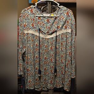 Floral Long Sleeve Blouse with Lace Detail & Tassel Ties -  Peasant Style